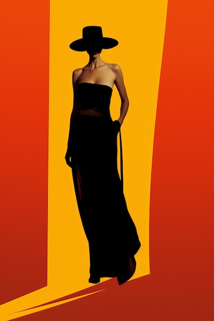 a woman in a black dress and hat standing in front of an orange and yellow background