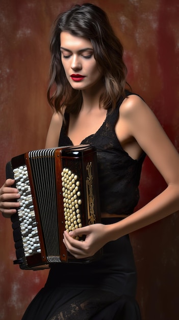 A woman in a black dress holding an accordion Generative AI image