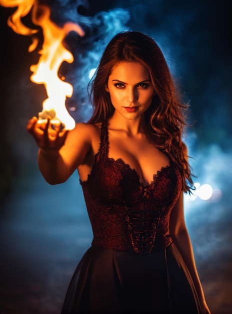 a woman in a black dress holding a flaming torch