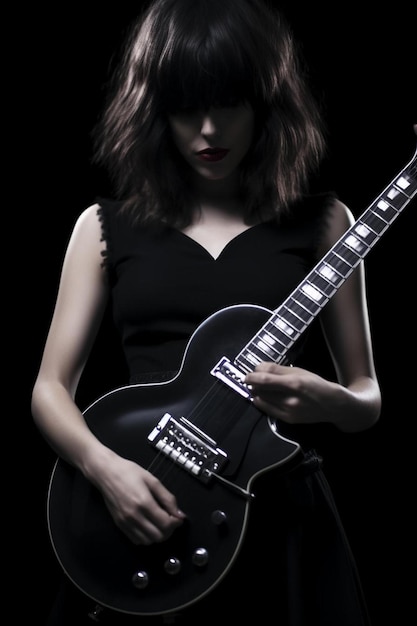 a woman in a black dress holding a guitar