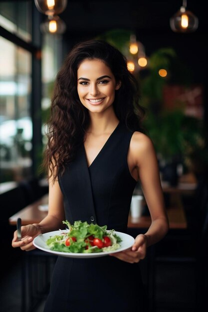 a woman in a black dress holding a plate of salad