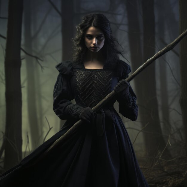 a woman in a black dress holding a staff in a forest