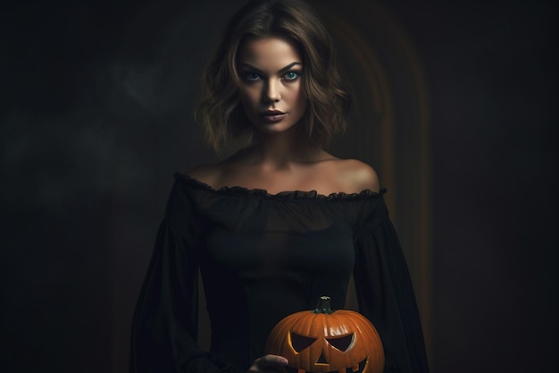 A woman in a black dress holds a pumpkin in front of a dark background