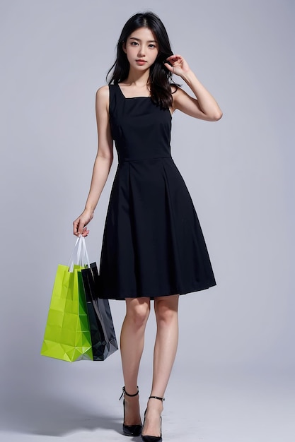 a woman in a black dress is holding a shopping bag.