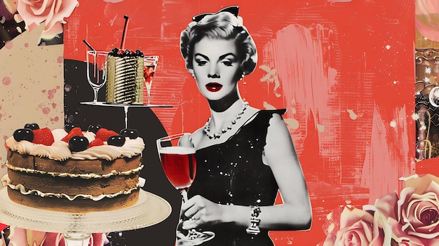 a woman in a black dress is holding a wine glass with a cake and a cake on it
