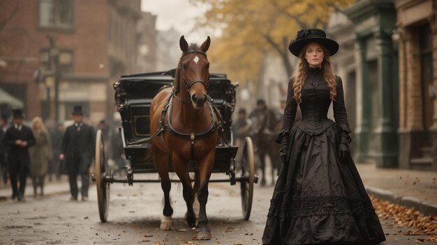 a woman in a black dress is leading a horse and carriage