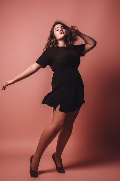 A woman in a black dress is posing in front of a pink background