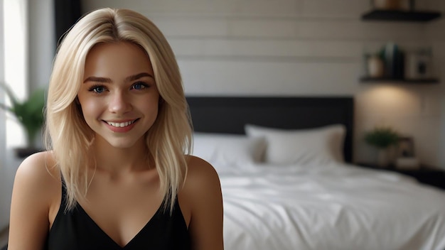 Photo a woman in a black dress is sitting on a bed