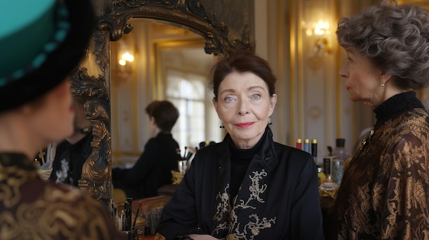 A woman in a black dress is sitting in front of a mirror