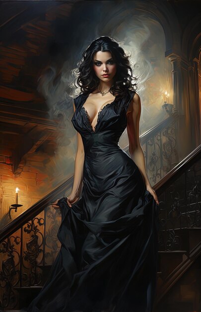 a woman in a black dress is on a staircase