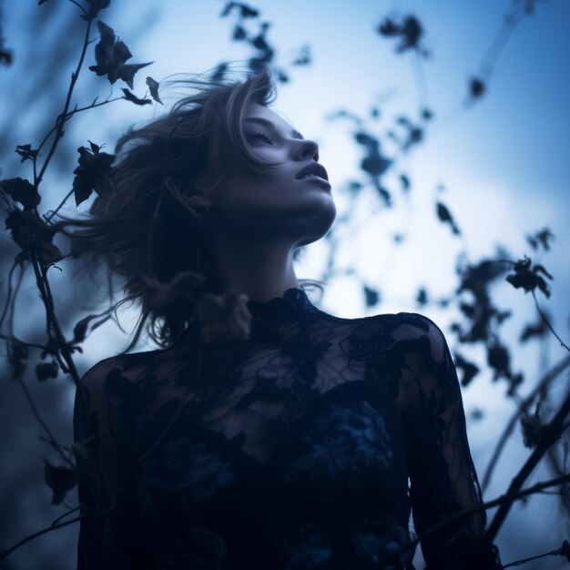 a woman in a black dress is standing in a dark forest