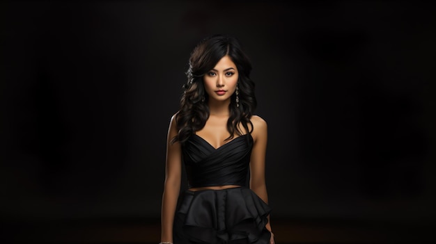 Photo a woman in a black dress is standing in a dark room