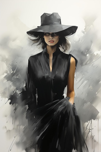 a woman in a black dress is standing in front of a building with a black hat on it.