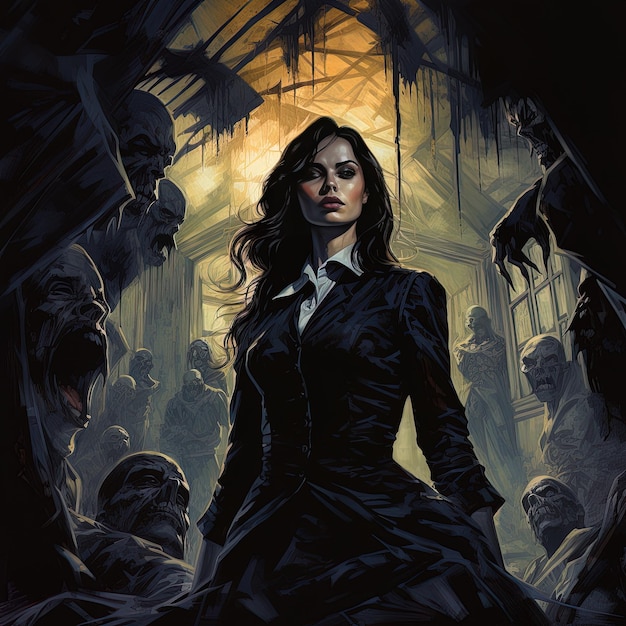 Photo a woman in a black dress is standing in front of a building with a bunch of zombies in the background