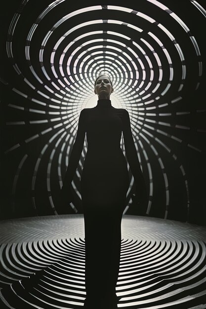 Photo a woman in a black dress is standing in front of a circle of black and white circles