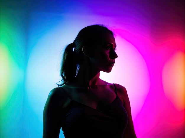 a woman in a black dress is standing in front of a colorful light