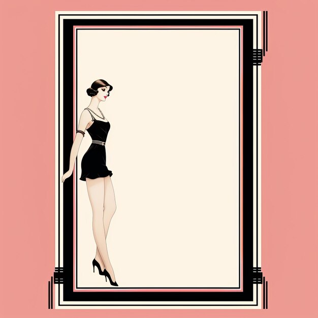 a woman in a black dress is standing in front of a frame