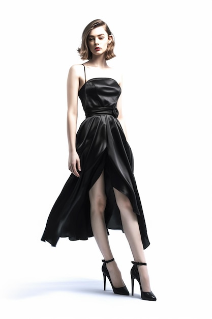 A woman in a black dress is wearing a black dress with a skirt