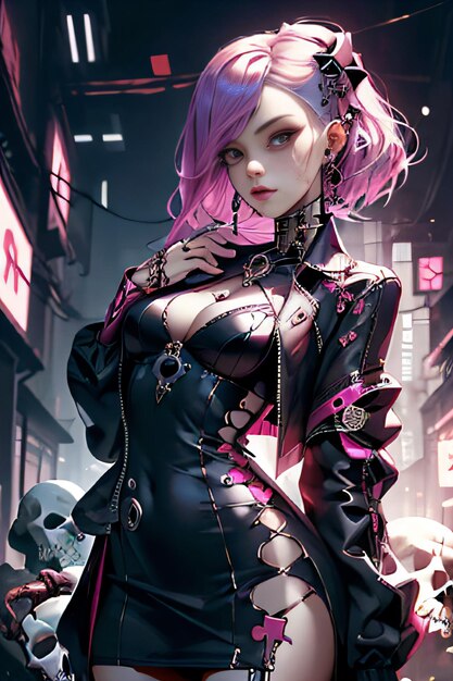 a woman in a black dress and pink hair