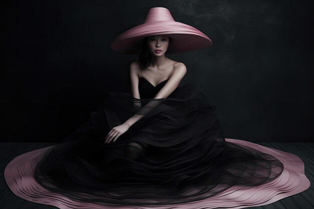 A woman in a black dress and a pink hat