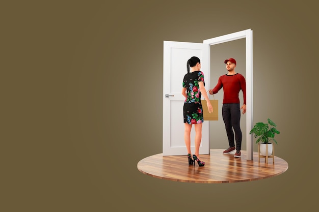 Woman in Black Dress Receiving Paper Packet from deliveryman at the door with Text space front view