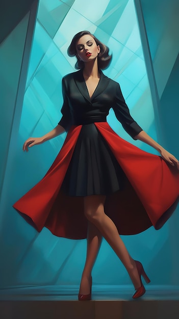 A woman in a black dress and a red skirt