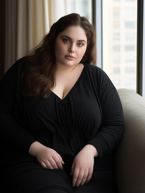 Photo a woman in a black dress sits on a couch