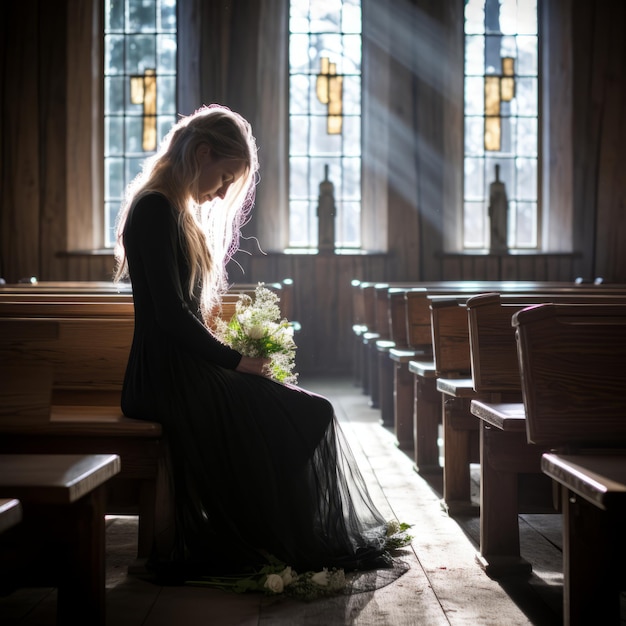 a woman in a black dress sitting on a bench in a church