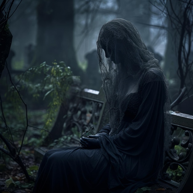 a woman in a black dress sitting on a bench in the woods