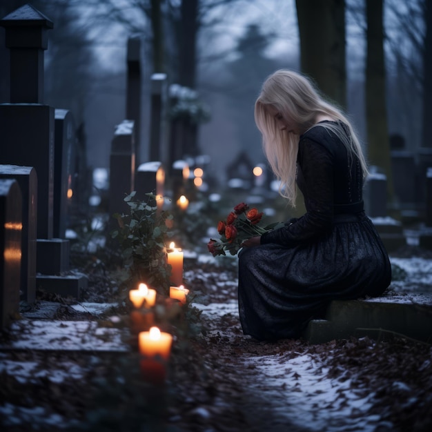 a woman in a black dress sitting in a cemetery with candles