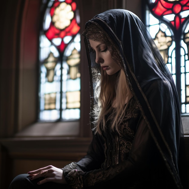 a woman in a black dress sitting in front of a stained glass window