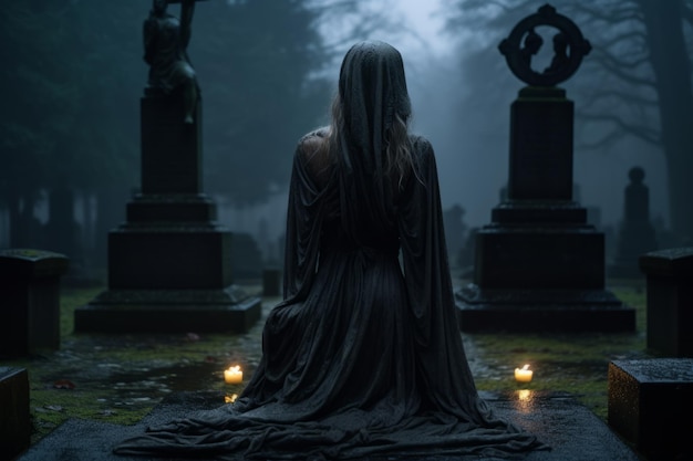 a woman in a black dress sitting on the ground in a graveyard