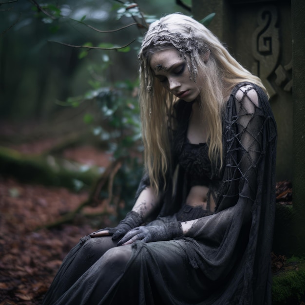 Foto una donna vestita di nero seduta per terra nel bosco