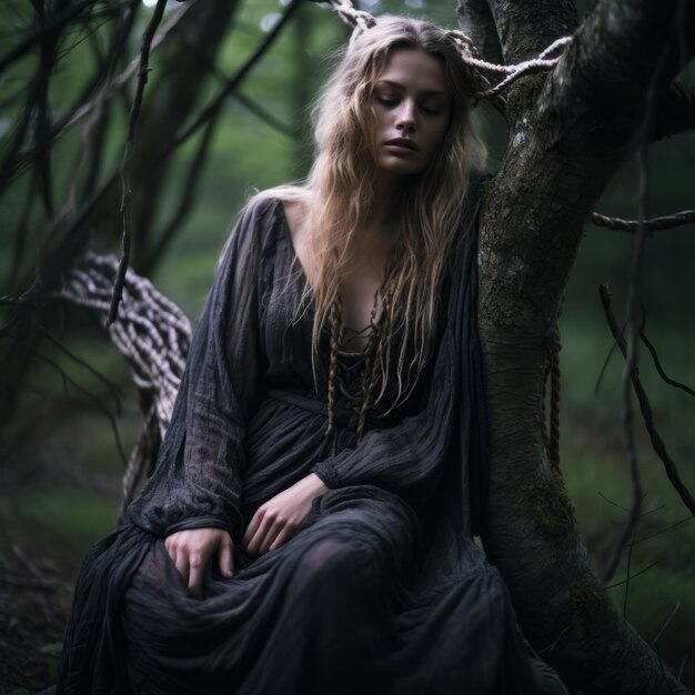 a woman in a black dress sitting on a tree branch