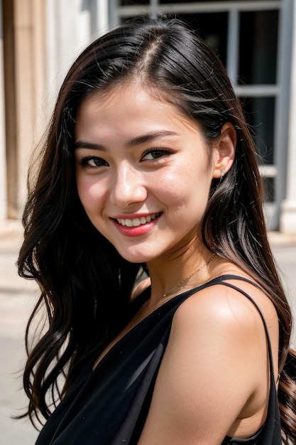 Photo a woman in a black dress smiling for the camera with a building in the background