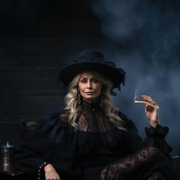 Женщина в черном платье курит сигарету.