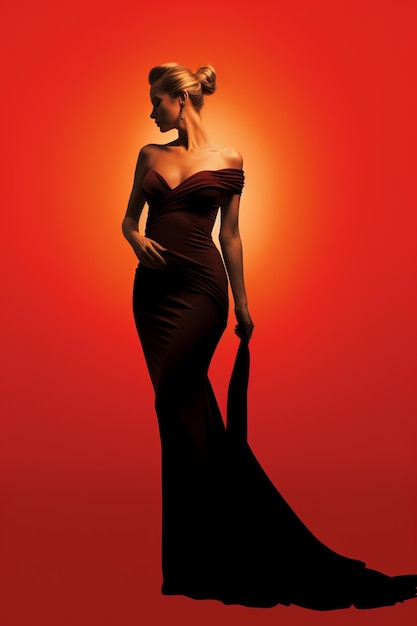 A woman in a black dress standing in front of a red background