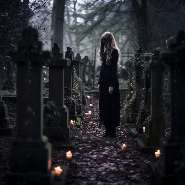 ろうそくのある墓地に立つ黒いドレスを着た女性
