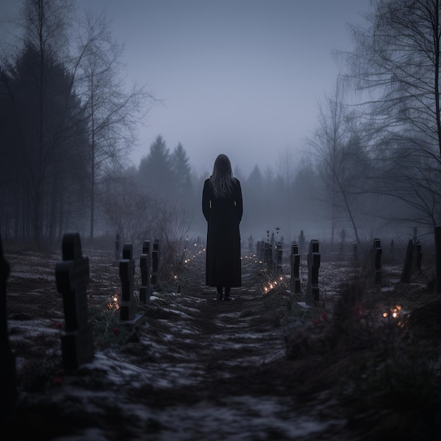 a woman in a black dress standing in the middle of a cemetery