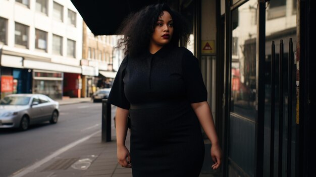 A woman in a black dress standing on a sidewalk ai