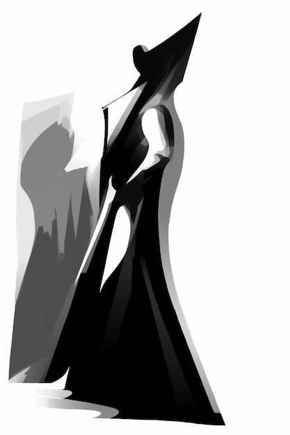 A woman in a black dress stands against a white background.