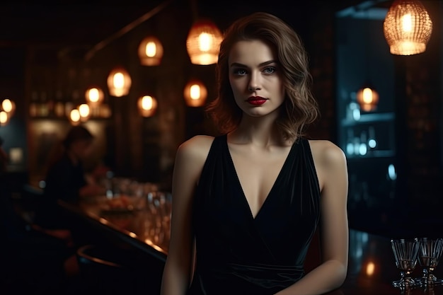 A woman in a black dress stands in a bar with a lamp in the background.