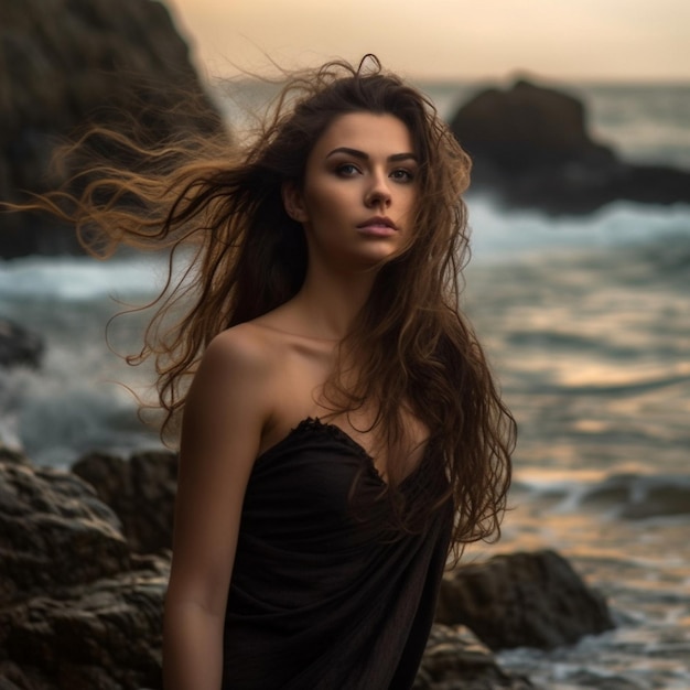 a woman in a black dress stands on the beach in front of the ocean.