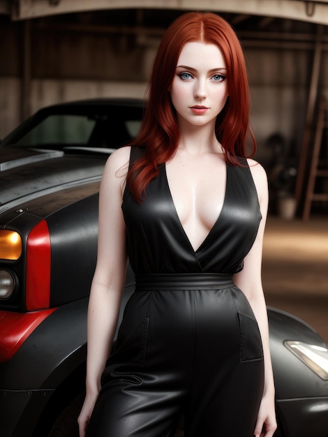 A woman in a black dress stands next to a black car.
