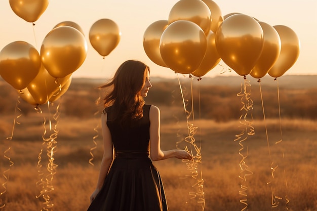 Photo a woman in a black dress stands in a field with gold balloons in the sunset.