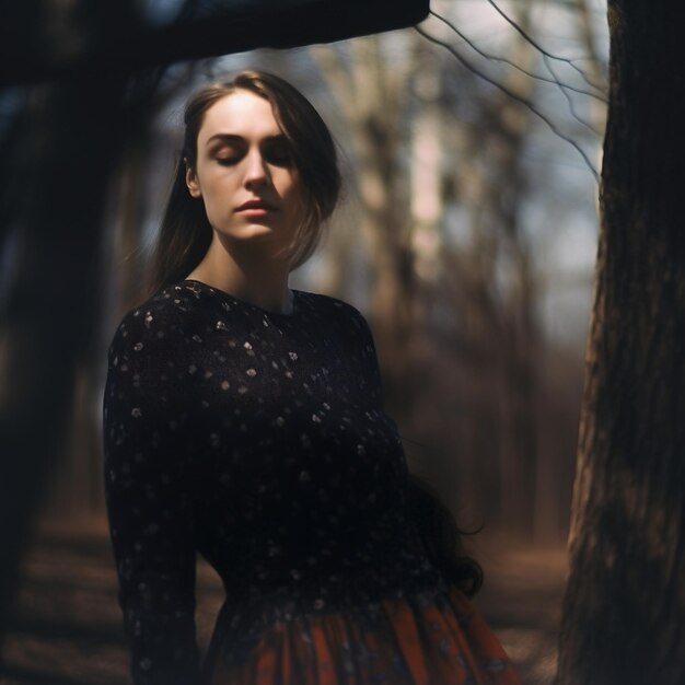 A woman in a black dress stands in a forest.