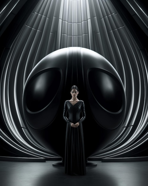 Photo a woman in a black dress stands in front of a black circle with a large circle in the middle.