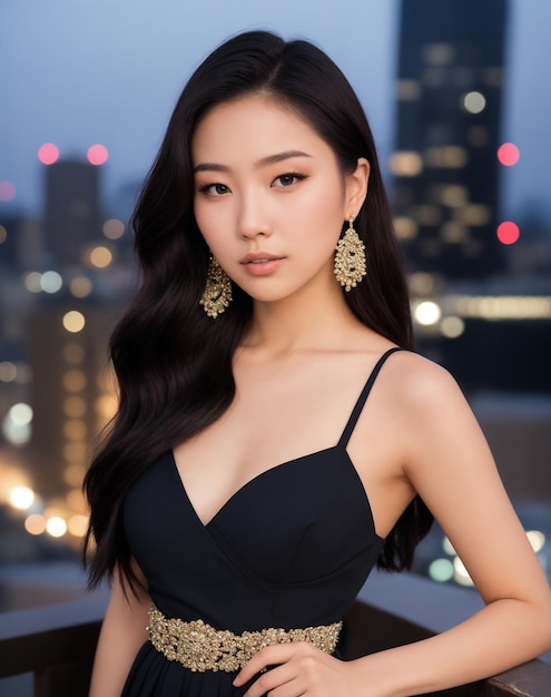 A woman in a black dress stands in front of a cityscape.