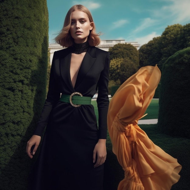 a woman in a black dress stands in front of a hedge