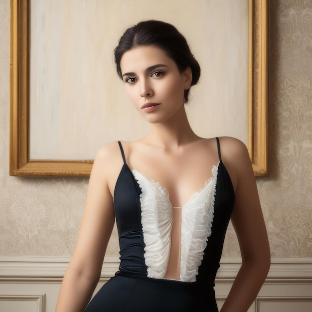 A woman in a black dress stands in front of a picture frame that says " i love you ".